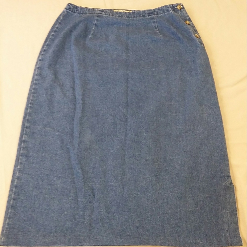 Eddie Bauer Denim Blue Jean Skirt Size 10 Side Slit Buttons Long Maxi Modest